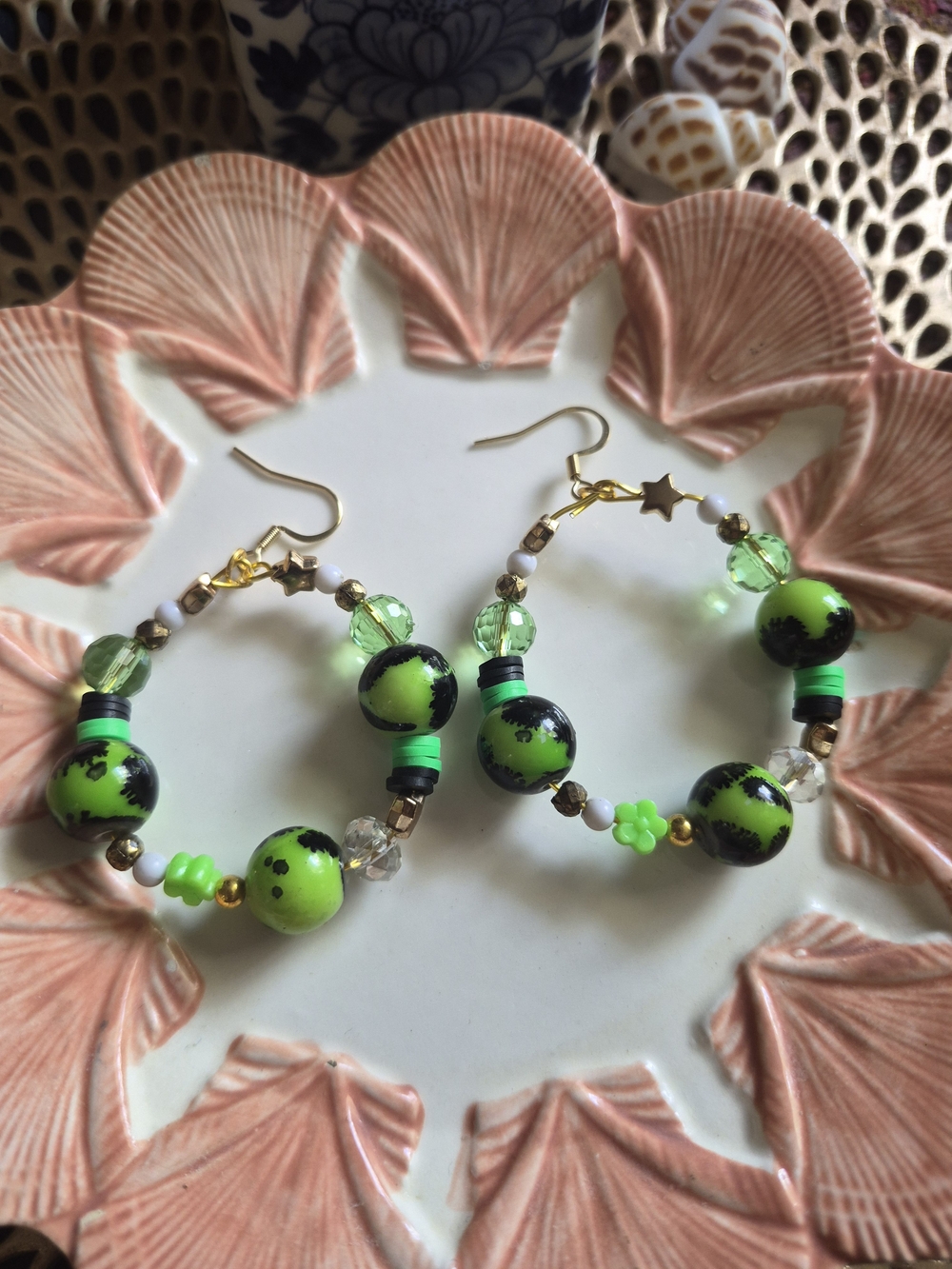 Neon Green Beaded Hoop Earrings with Gold Star Accents